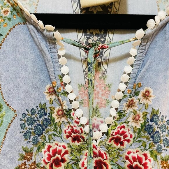 FARM RIO Lt Blue Peasant 3/4 Flutter Sleeve Blouse Sz S - Picture 9 of 12